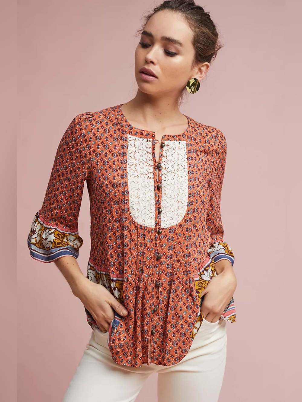 Anthropologie Maeve Hiver Blouse Lace Detail Flutter Sleeve Floral Boho Size 4